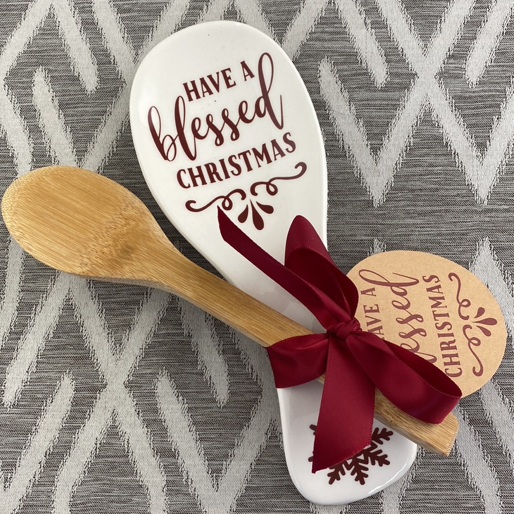 Ceramic Have a Blessed Christmas Spoon Rest & Wooden Spoon NWT Hostess Gift